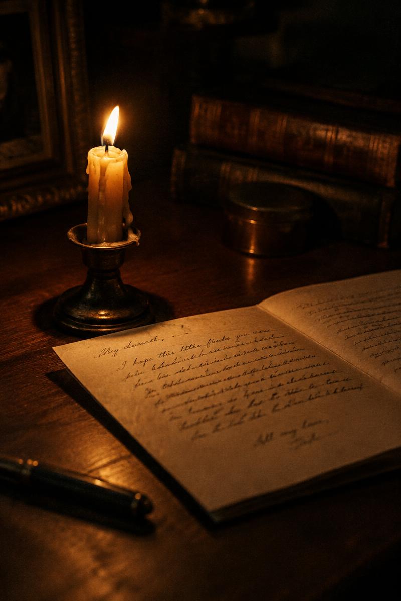 A candle burned low beside an open handwritten letter