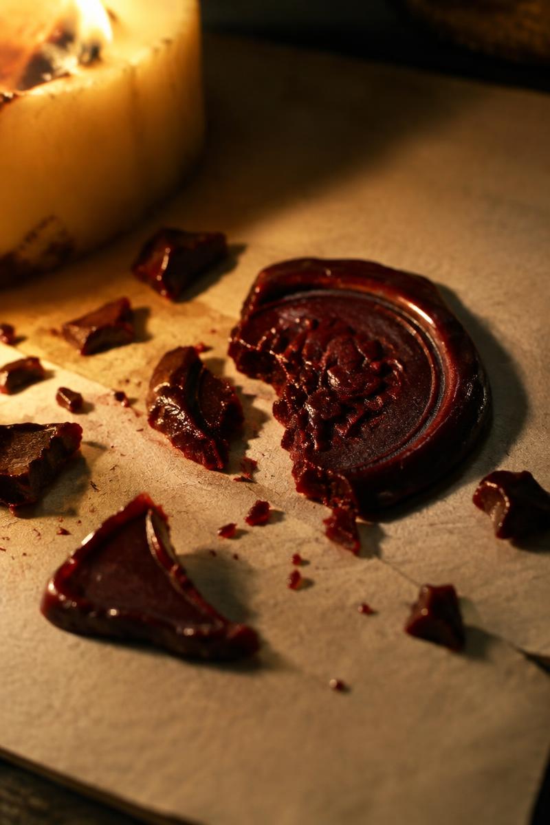 An oxblood wax seal just broken on cream paper