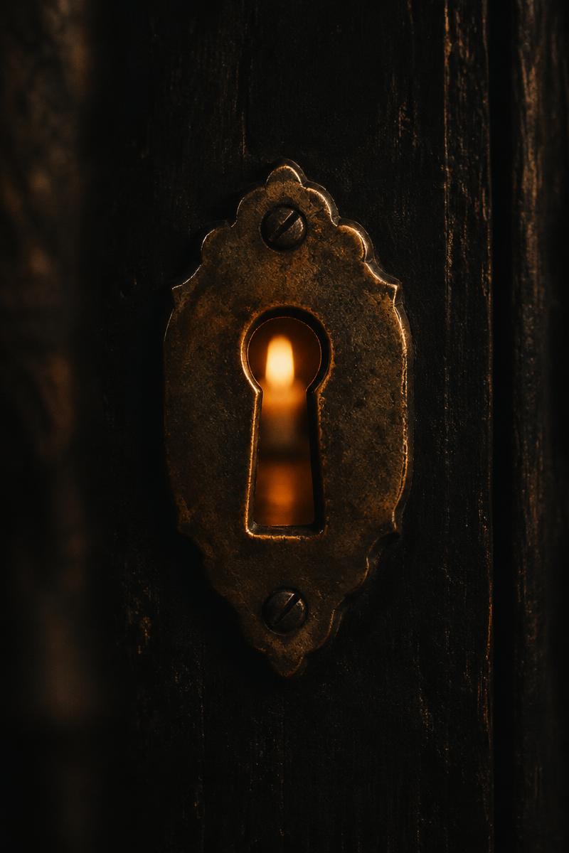 A brass keyhole with warm candlelight behind it