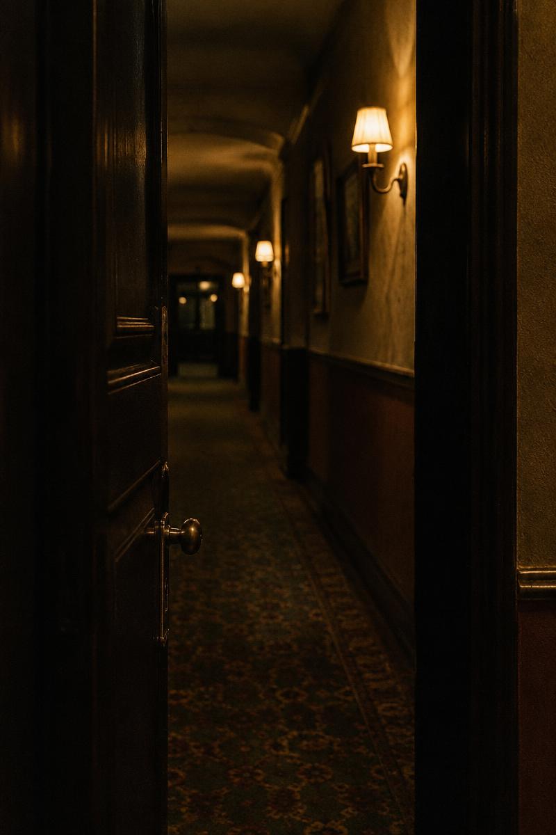 A half-open door onto a dim hotel corridor at night