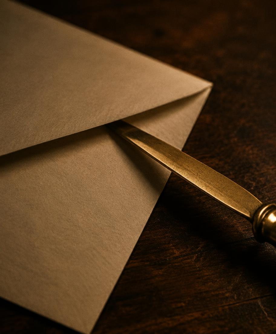 A brass paper knife slipping under the flap of a cream envelope
