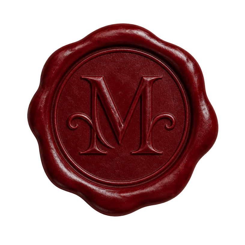 An oxblood wax seal engraved with the letter M